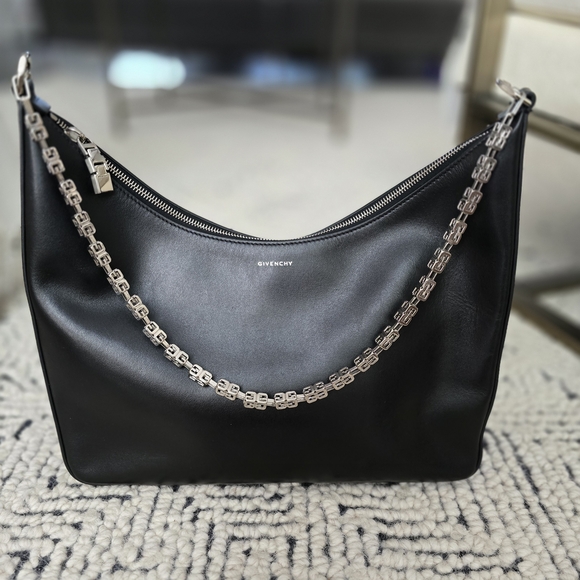 🌟 Givenchy Black Cut Out Moon Shoulder Bag with Silver Chain authentic